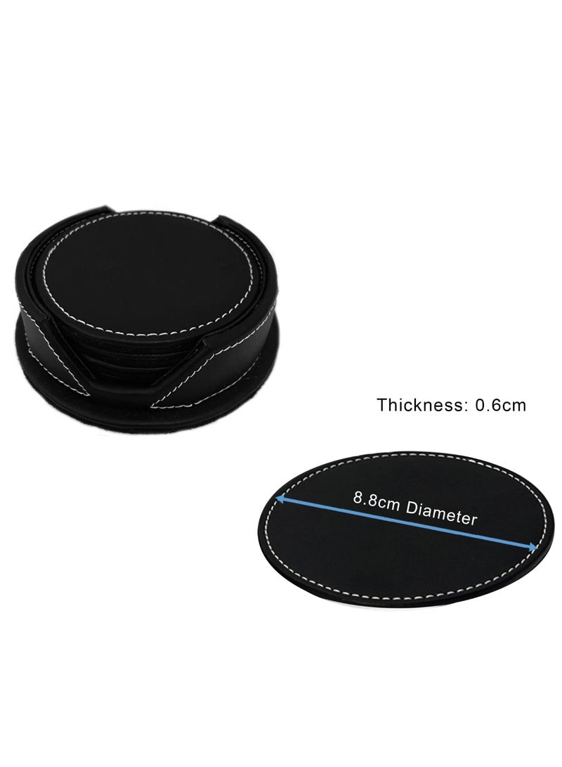 PU Black Leather Coasters Set of 6 with Holder Coasters for Drinks Heat resistance Mats Coffee Coaster Protect Furniture