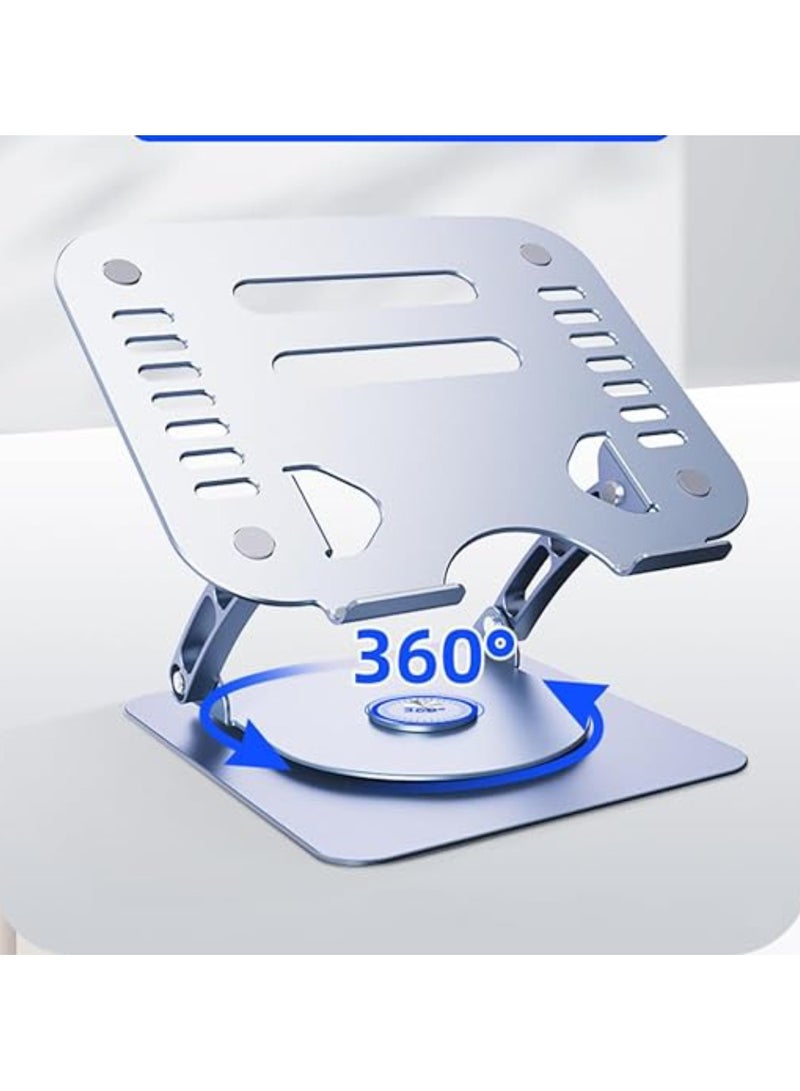 SOUNDANCE Laptop Stand with 360° Rotating Base, Ergonomic Computer Riser for Desk, Adjutable Height Muti-Angle, Foldable Laptop Mount, Stable Metal Holder Support 10-15.6" Notebook PC, Silver Grey