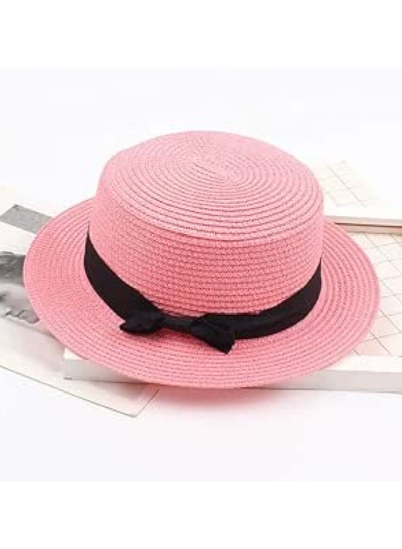 Straw Sun Hat for Women, Girls Cute Summer Beach Cap Foldable Visor Floppy Wide Brim with Bowknot PINK