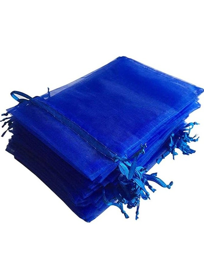 100 Pcs Gift Wrap Bags Royal Blue, Organza Sheer Fabric Sturdy Material, Drawstring Organizer 13 × 18 CM