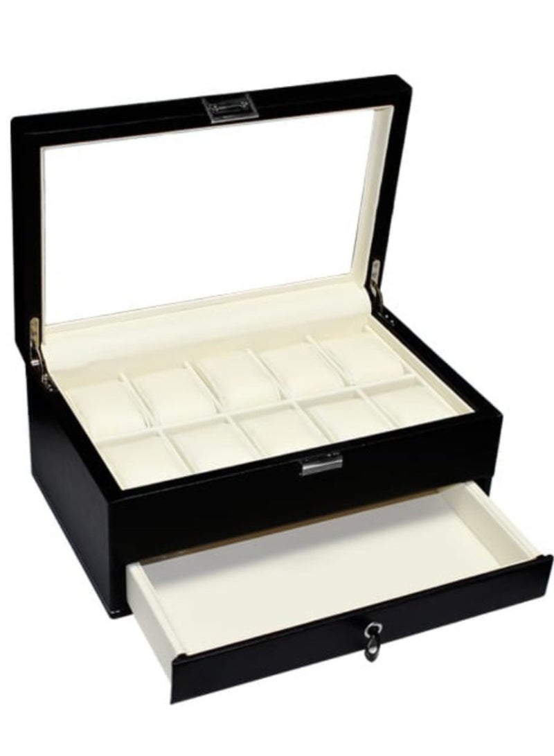 Premium PU Leather Watch Box, Watch Holder, Watch Organizer with Glass Lid, Watch Case with Removable Watch Pillow, Velvet Lining, Metal Clasp, Watch Display (10 Slot) Size: 30x19x13CM