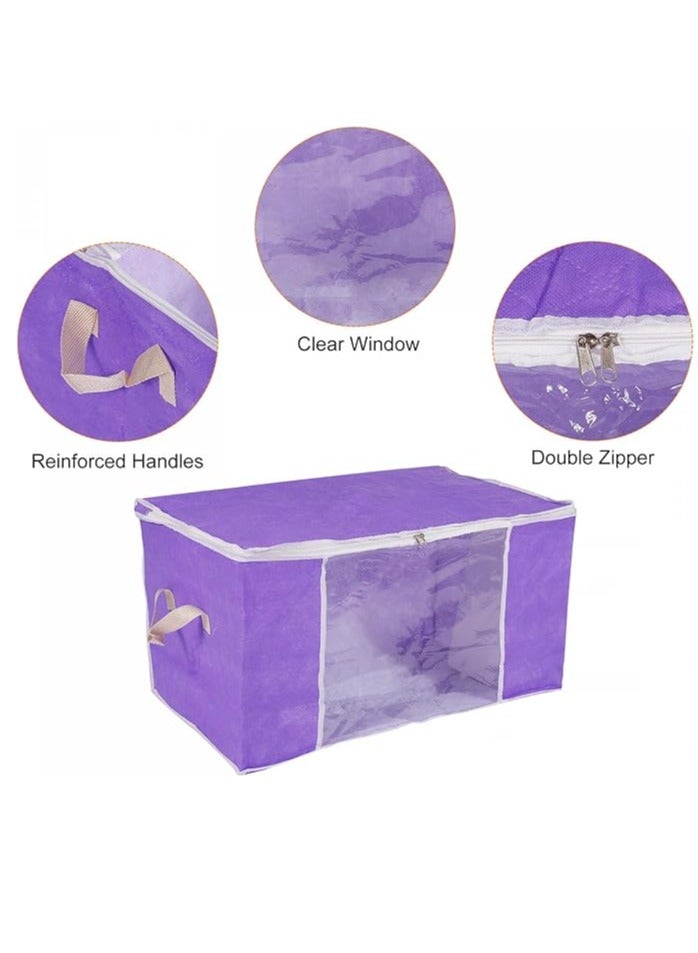 Clothes Storage Bag Foldable Storage Bins for Clothes, Comforters Storage Bags with Reinforced Handle Sturdy Zipper Closet Organizer with Clear Window Purple