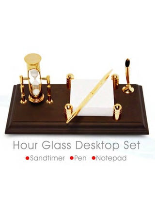 Wood Based Pen Stand with Three Minute Sand Timer and Card Holder Brown And Gold