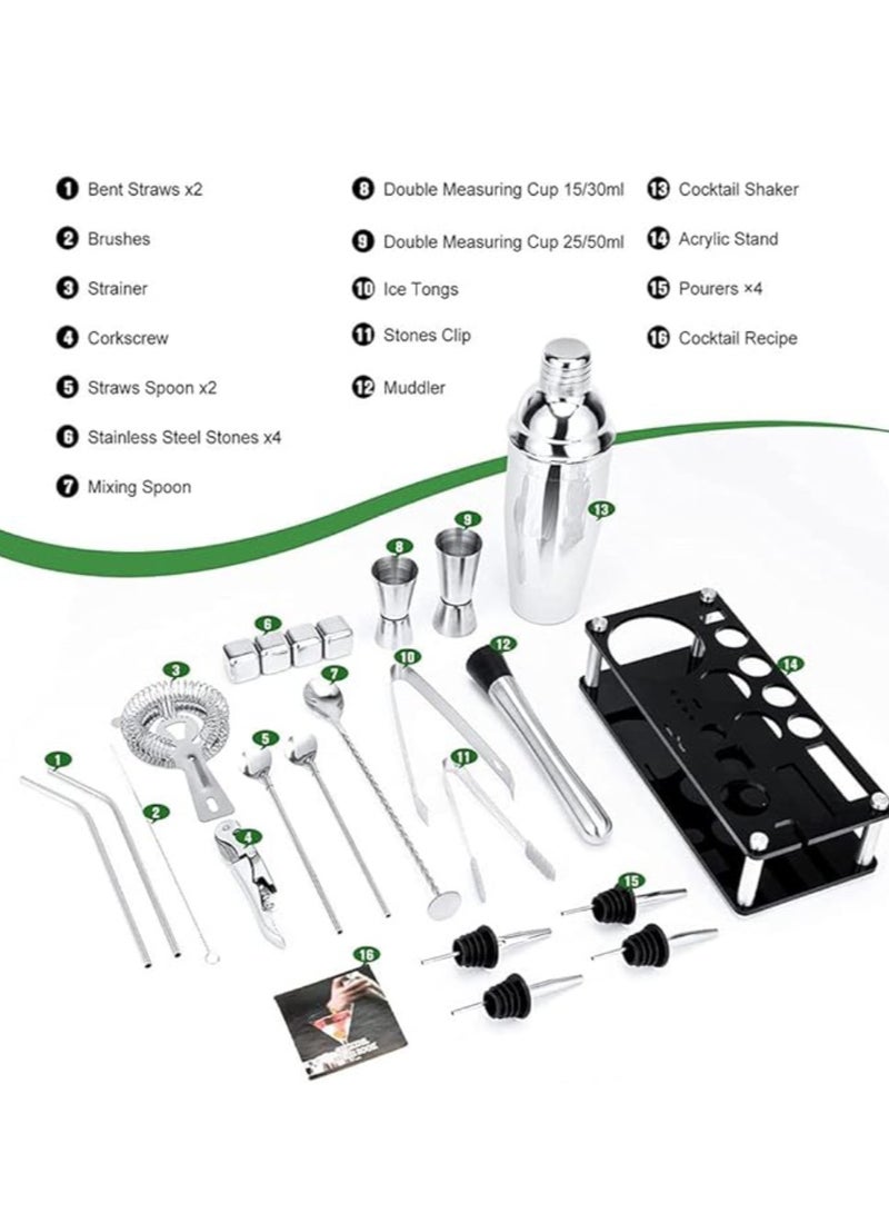 23-Piece Boston Stainless Steel Cocktail Shaker Bartender Kit Silver/Black 750ML 14x10.5x28cm
