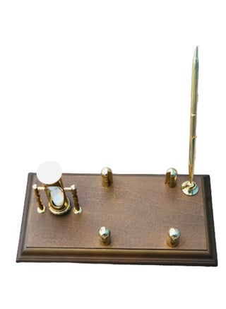 Wood Based Pen Stand with Three Minute Sand Timer and Card Holder Brown And Gold