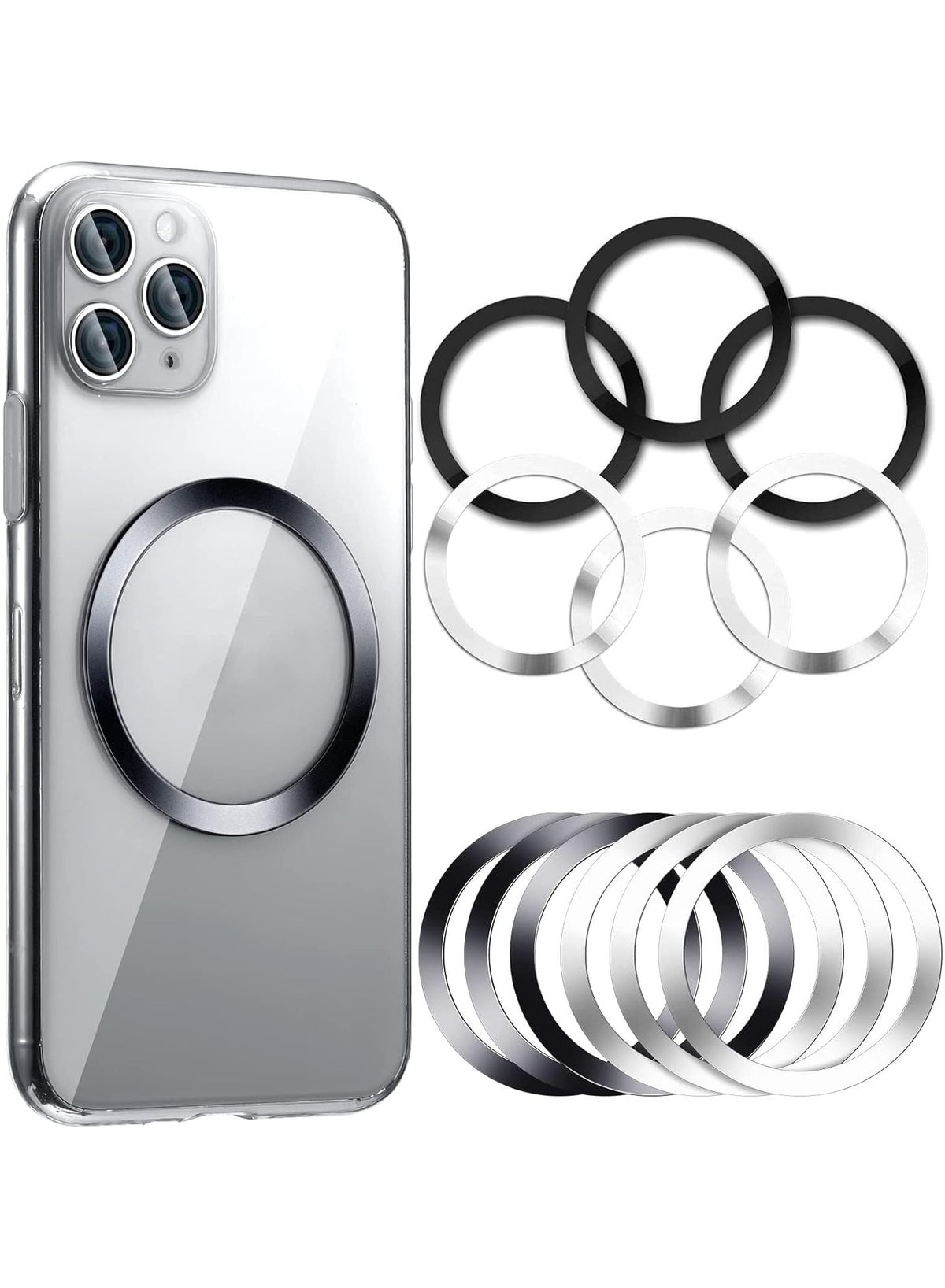 8 Pieces Magnetic Wireless Car Charger Metal Rings with Sticker Universal Metal Rings Compatible with MagSafe Wireless Charger, Black and Silver
