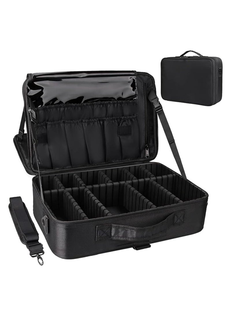Makeup Case Large Makeup Bag Professional Train Case 16.5 inches Travel Cosmetic Organizer Brush Holder Waterproof Makeup Artist Storage Box, 3 Layer Large Capacity (BLACK)
