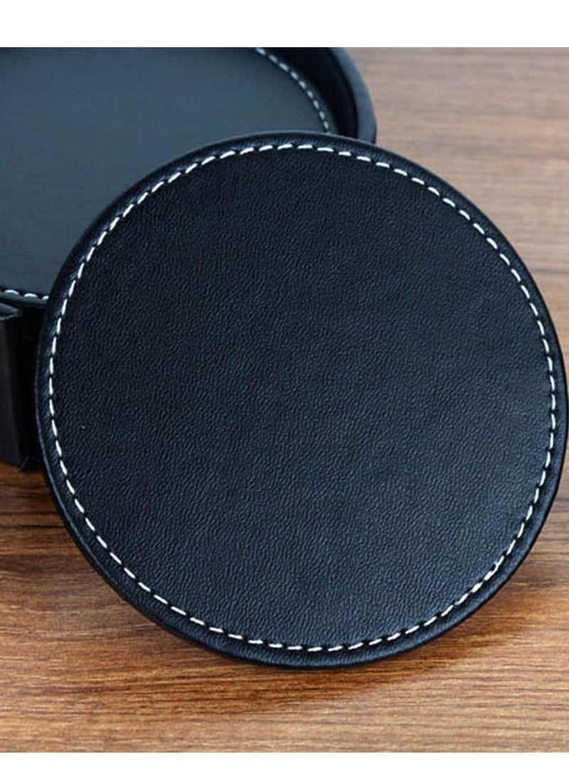 PU Black Leather Coasters Set of 6 with Holder Coasters for Drinks Heat resistance Mats Coffee Coaster Protect Furniture