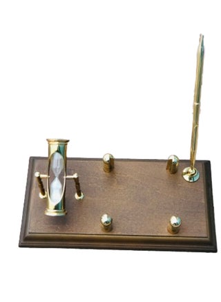 Wood Based Pen Stand with Three Minute Sand Timer and Card Holder Brown And Gold