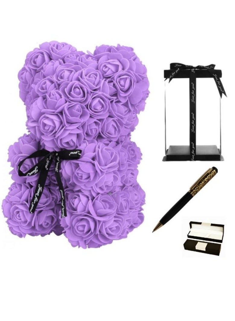 Rose Bear Mothers Day Girlfriend Teddy Perfect Anniversary's Wedding Bridal Showers  Gift (PURPLE) with Free Gift for Luxury High Quality Metal Ballpoint Pen and Refill with Box