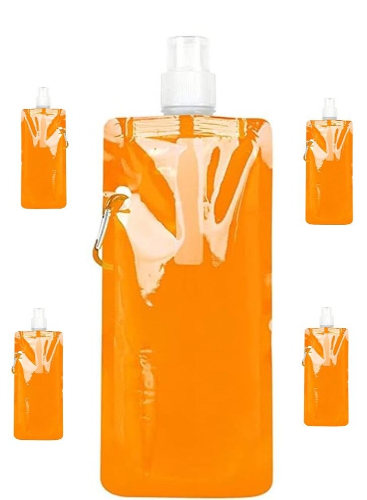Foldable Sports Bottle Orange,5Pcs Reusable Drink Pouches Bags,480ml Collapsible Water Bottles for Outdoor Sports,Biking,Hiking,Travel