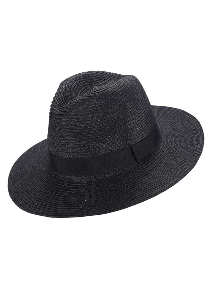 Straw Sun Hat for Women, Girls Cute Summer Beach Cap Foldable Visor Floppy Wide Brim with Bowknot BLACK