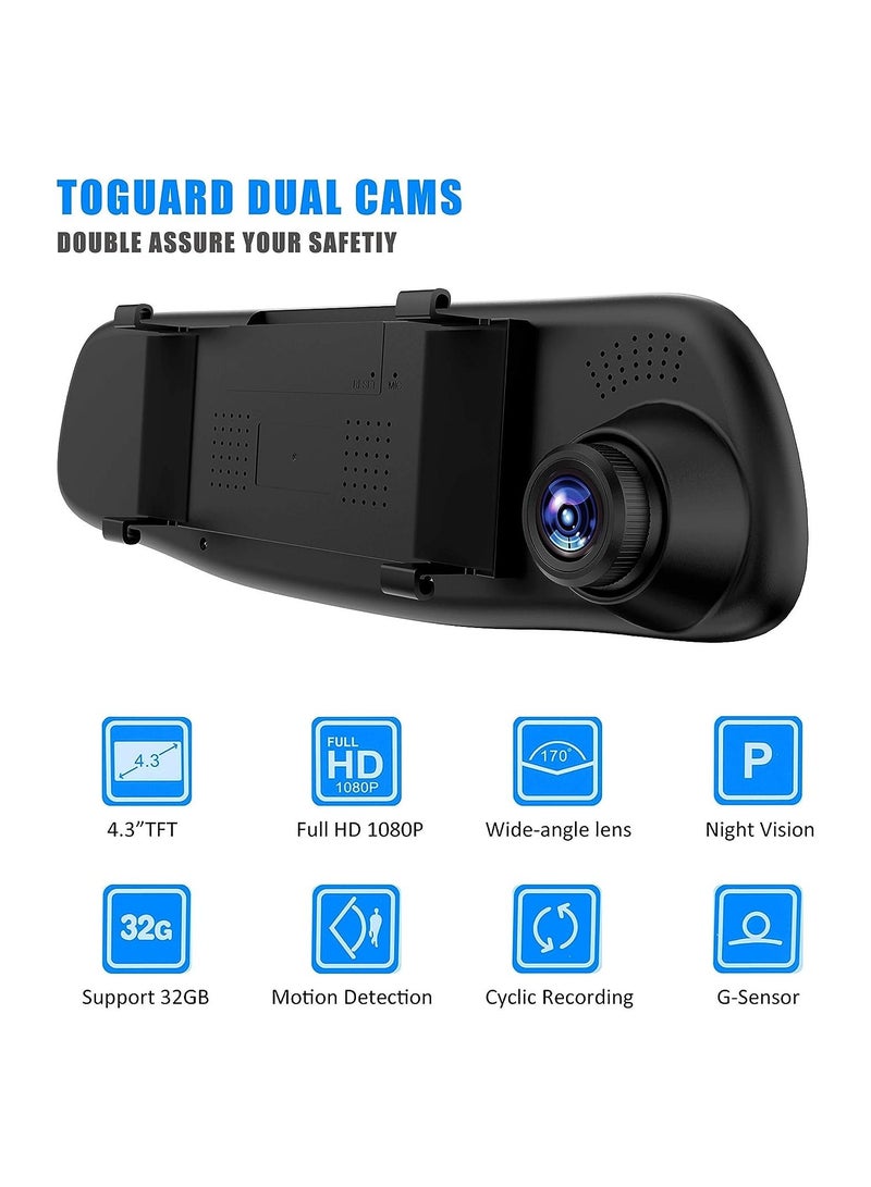 Dash Cams for Cars Front and Rear, Dual Lens HD 1080P 4. 3in Car DVR Rearview Mirror Camera Dash Cam Video Recorder
