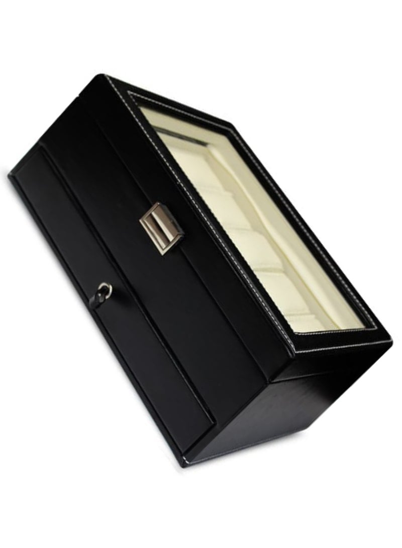 Premium PU Leather Watch Box, Watch Holder, Watch Organizer with Glass Lid, Watch Case with Removable Watch Pillow, Velvet Lining, Metal Clasp, Watch Display (10 Slot) Size: 30x19x13CM