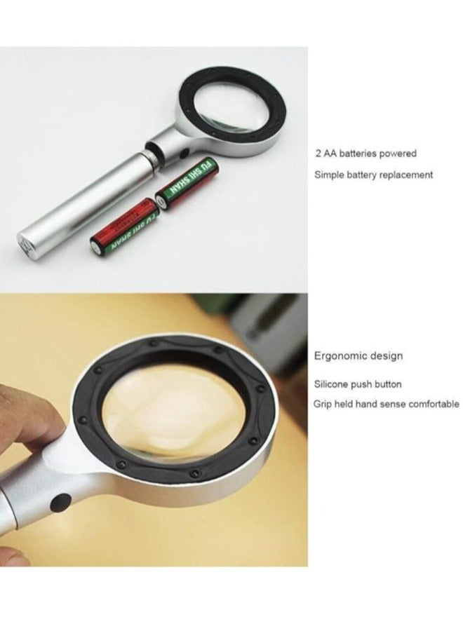 Magnifying Handheld Silver Magnifying Glass, 30X Magnification, With LED Lights, Optical High-definition Lenses, Reading Magnifier, DIY Handicraft Carving And Restoration, Identification of Sentences