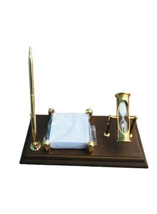 Wood Based Pen Stand with Three Minute Sand Timer and Card Holder Brown And Gold