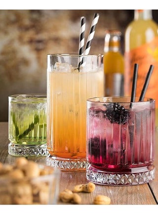 Glasses Set of 4, Transparent, 355 ML Multi Line Design Glass for Drinking Bourbon, Cocktails, Cognac - Old Fashioned Cocktail Tumblers